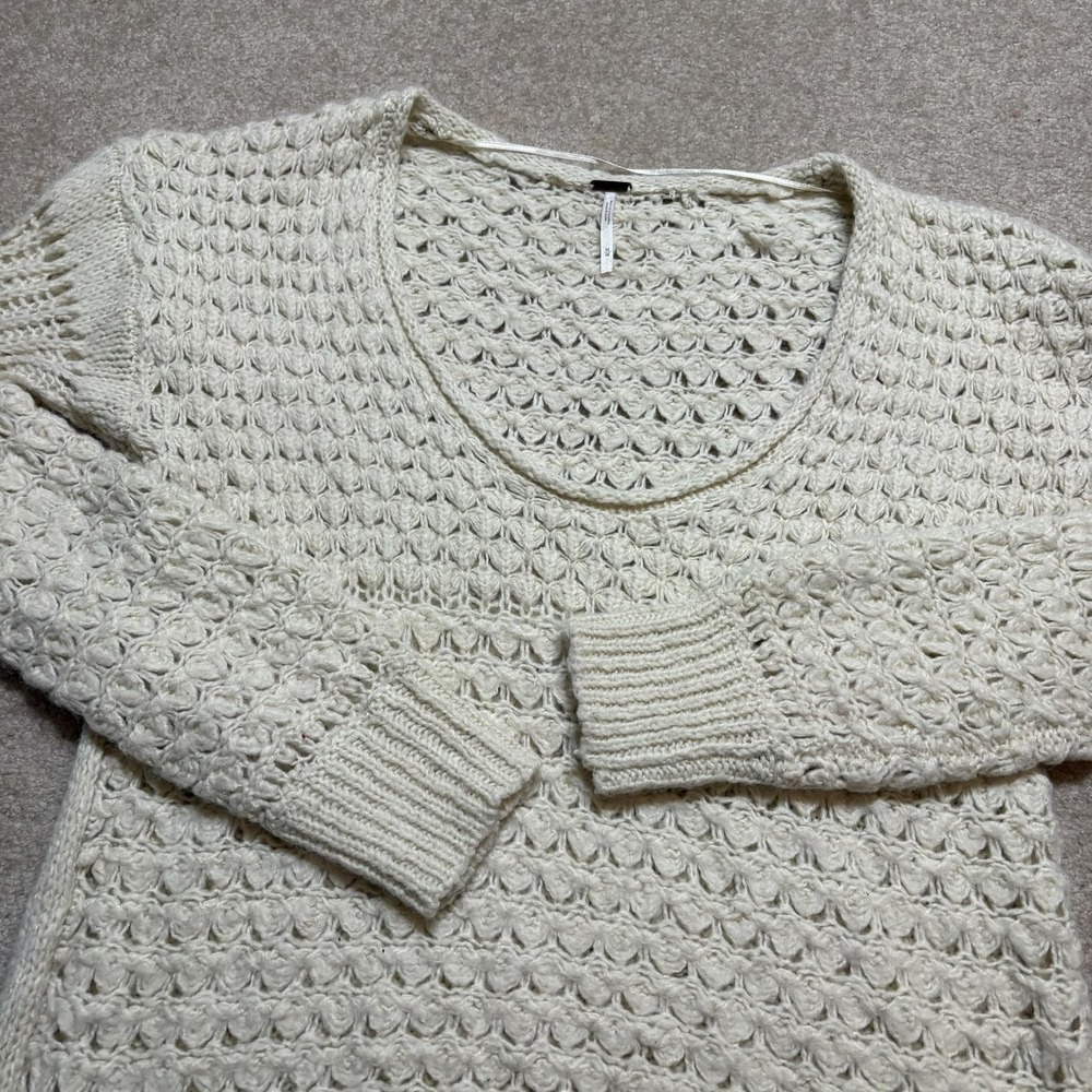 Free People Sweater Womens Medium White Open Knit Scoop Neck Pullover Wool Blend